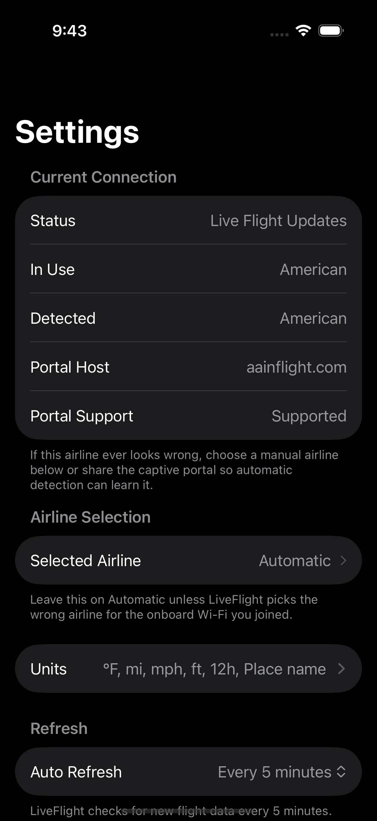 CabinLink on iPhone — Settings