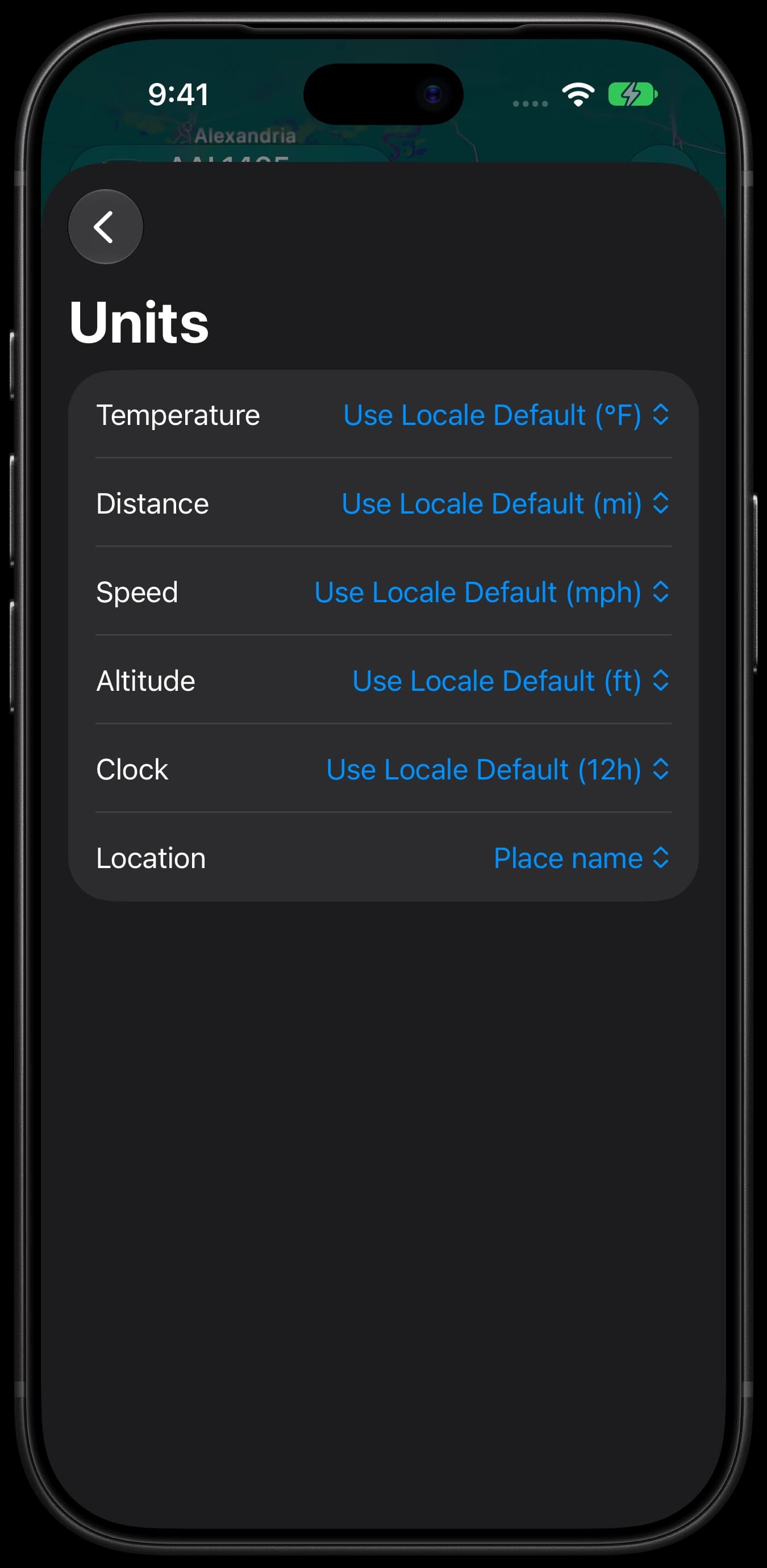 CabinLink on iPhone — Unit preferences