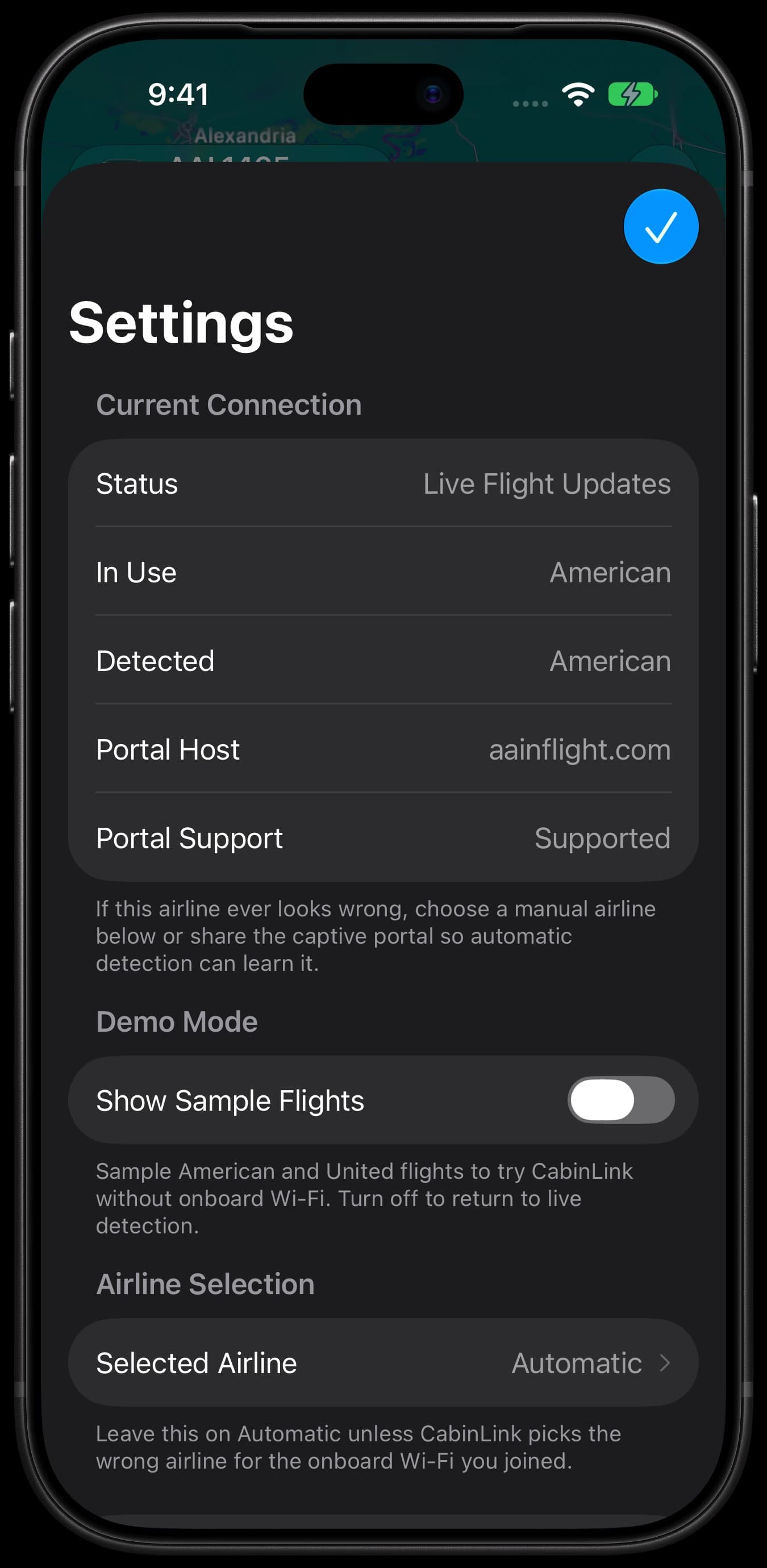 CabinLink on iPhone — Settings