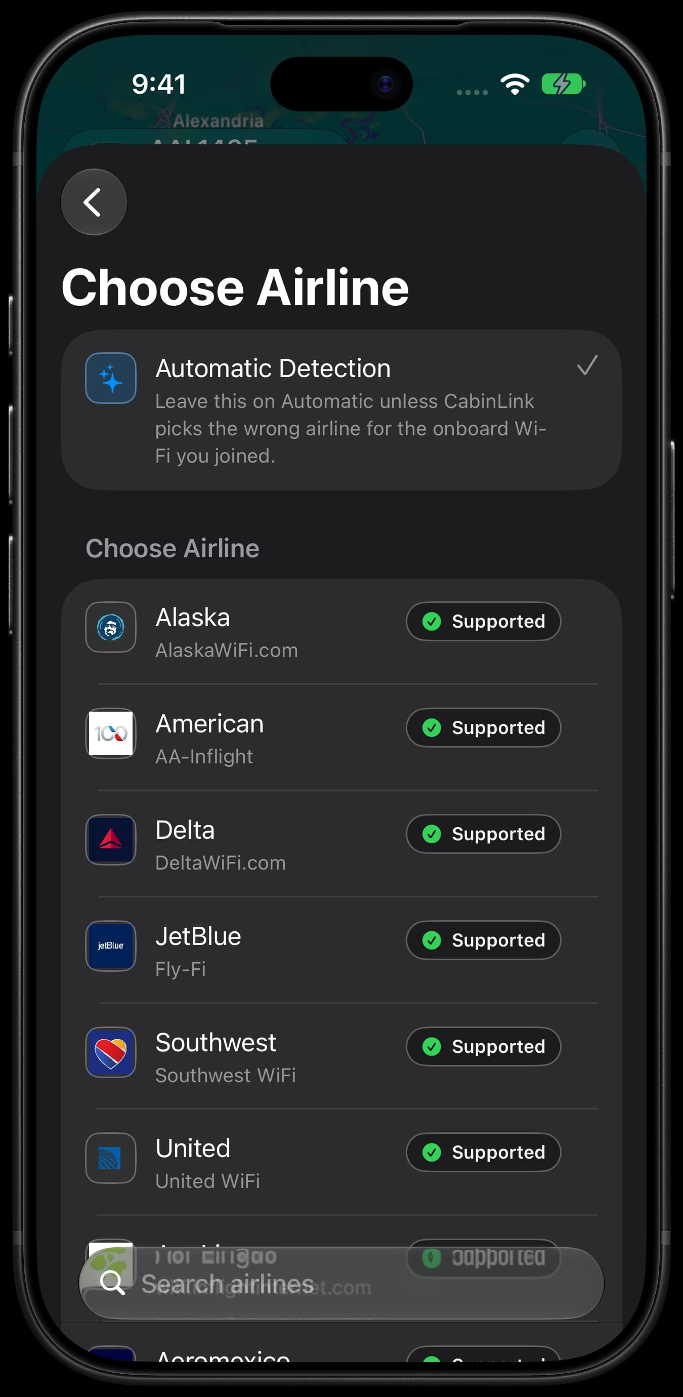 CabinLink on iPhone — Airline selection